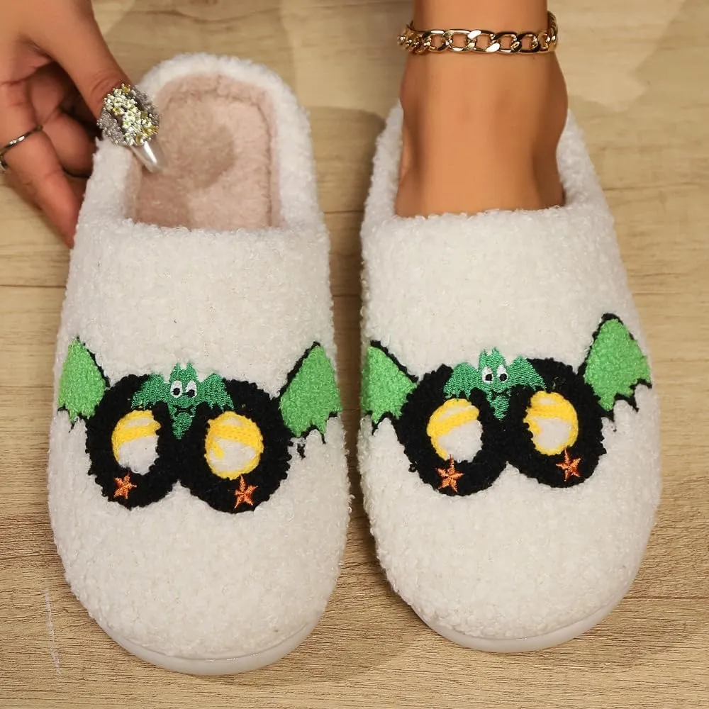 Premium Comfort Gothic Skulls Design Thermal Non Slip Women's Fuzzy House Slippers Indoor Soft Warm Shoes Cushion Sole