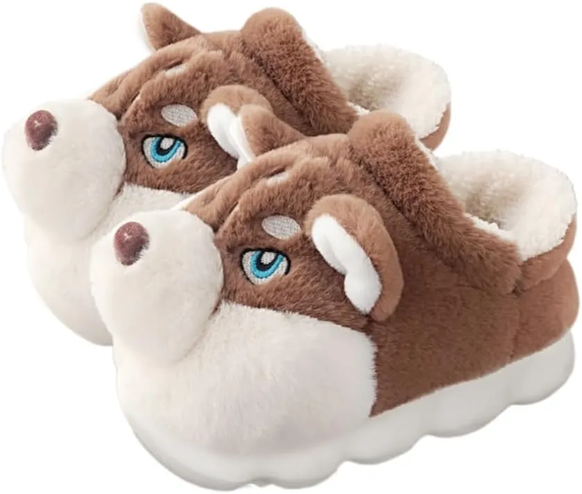Premium Comfort Thermal Cute Siberian Husky Dog Non Slip Men's Fuzzy House Slippers Inddor Soft Warm Furry Shoes