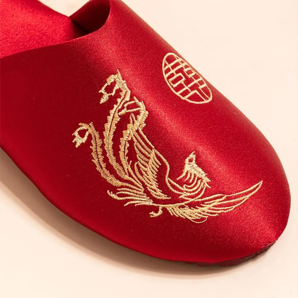 Premium Luxury Red Satin Silk Phoenix All Seasons Comfort Women's House Slippers Wedding Indoor Soft Home Slip On Shoes