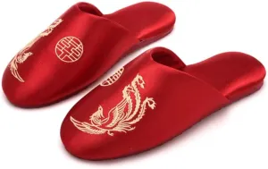 Premium Luxury Red Satin Silk Phoenix All Seasons Comfort Women's House Slippers Wedding Indoor Soft Home Slip On Shoes