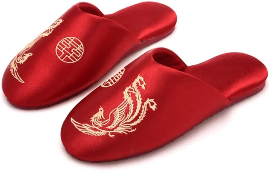 Premium Luxury Red Satin Silk Phoenix All Seasons Comfort Women's House Slippers Wedding Indoor Soft Home Slip On Shoes