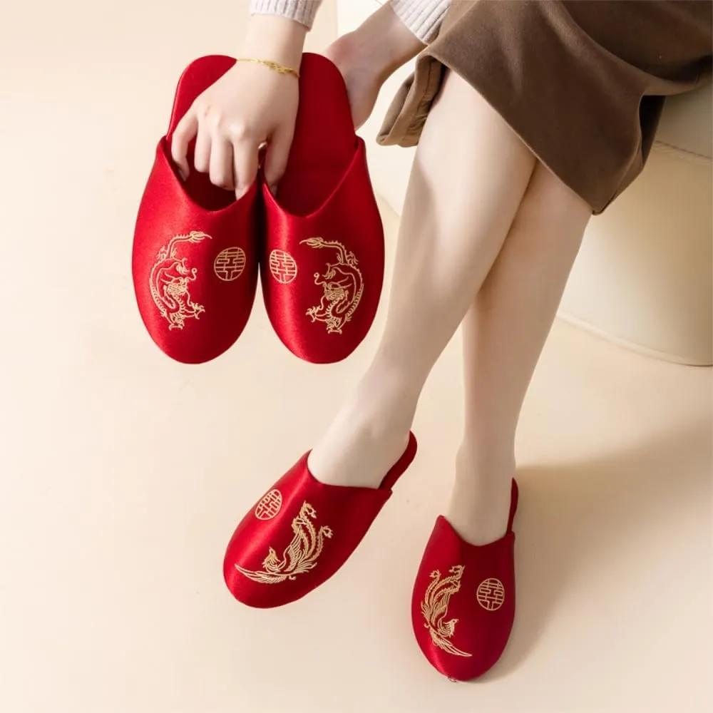 Premium Luxury Red Satin Silk Phoenix All Seasons Comfort Women's House Slippers Wedding Indoor Soft Home Slip On Shoes