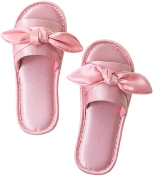 Premium Luxury Satin Silk All Seasons Comfort Ribbon Bow Women's House Slippers Non Slip Indoor Soft Home Slip On Shoes