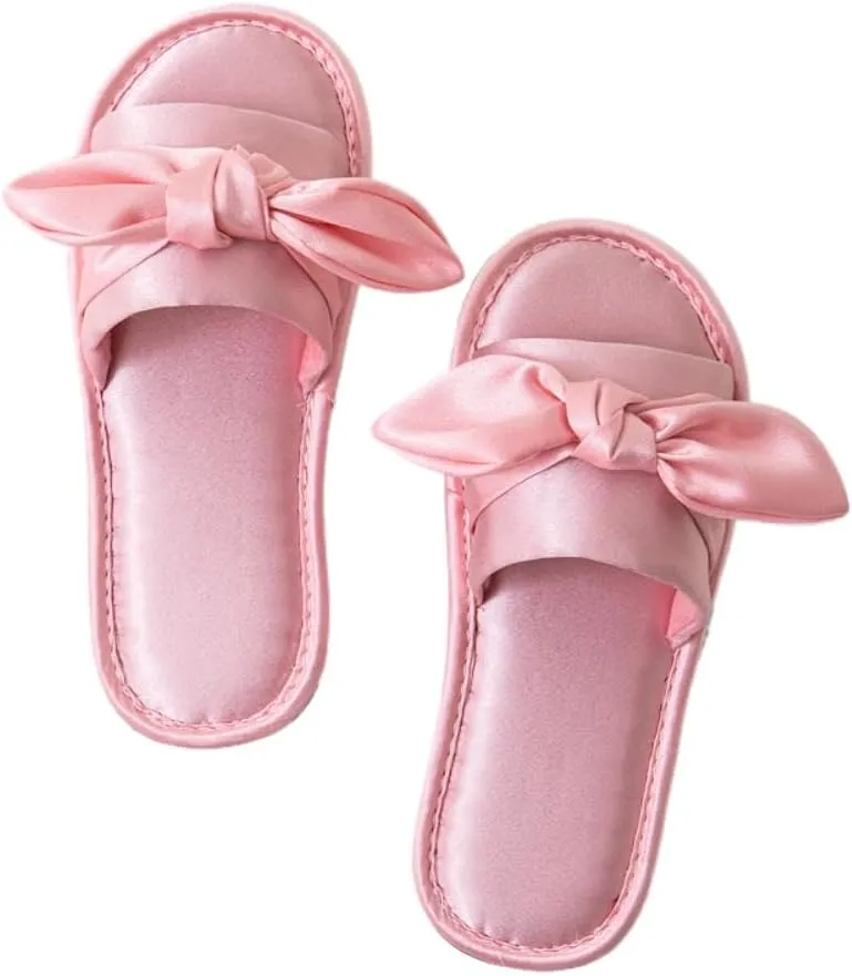 Premium Luxury Satin Silk All Seasons Comfort Ribbon Bow Women's House Slippers Non Slip Indoor Soft Home Slip On Shoes