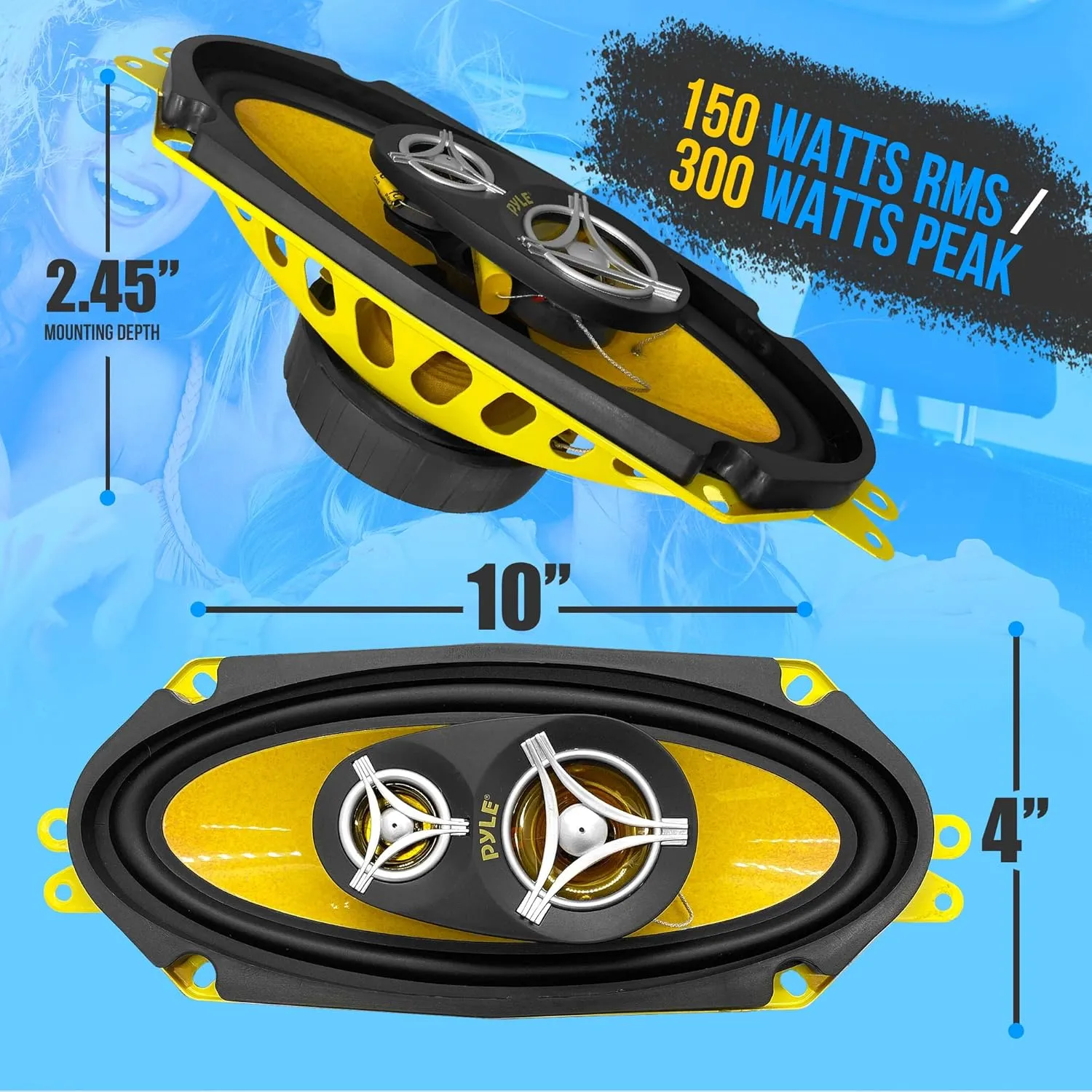 Pyle Car Three Way Speaker System - Pro 4x10 Inch 300 Watt 4 Ohm Mid Tweeter Component Audio Sound Speakers for Car Stereo w/ 45 Oz Magnet, 2.45” Mount Depth Fits Standard OEM - Pyle PLG41.3 (Pair)