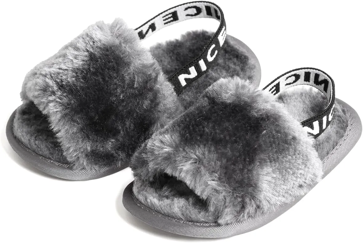 QIETION Girl's Soft Plush Lightweight House Slippers Non Slip Cross Band Slip on Open Toe Cozy Indoor Outdoor Slippers X102 Grey 12CM