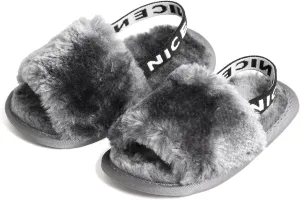 QIETION Girl's Soft Plush Lightweight House Slippers Non Slip Cross Band Slip on Open Toe Cozy Indoor Outdoor Slippers X102 Grey 12CM