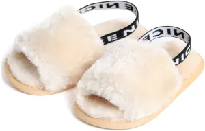QIETION Girl's Soft Plush Lightweight House Slippers Non Slip Cross Band Slip on Open Toe Cozy Indoor Outdoor Slippers X102 Khaki 13CM