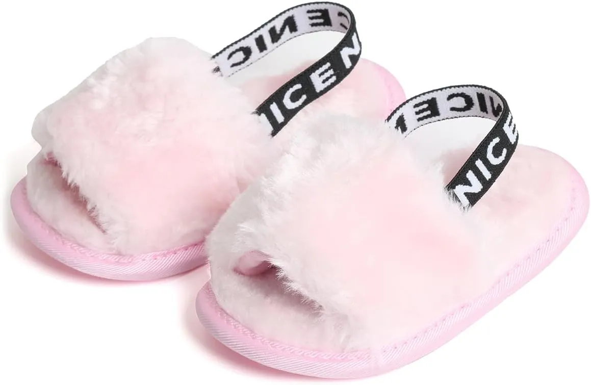 QIETION Girl's Soft Plush Lightweight House Slippers Non Slip Cross Band Slip on Open Toe Cozy Indoor Outdoor Slippers X102 Pink 13CM