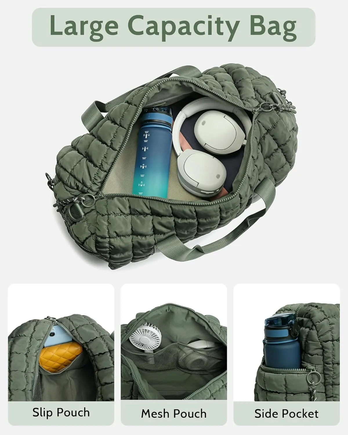 Quilted Duffel Bag for Women, Puffer Gym Duffle Bag with Shoe Compartment Lightweight Large Crossbody Sport Bag Travel Tote JasperGreen
