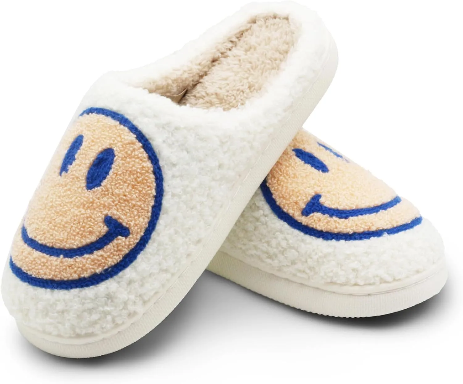 Retro Fuzzy Face Slippers for Women Men, Soft Plush Warm Slip-on Couple Style Casual Happy Face Slippers Cozy Indoor Outdoor Lightweight Anti-Skid Sole Cute House Slippers with Memory Foam