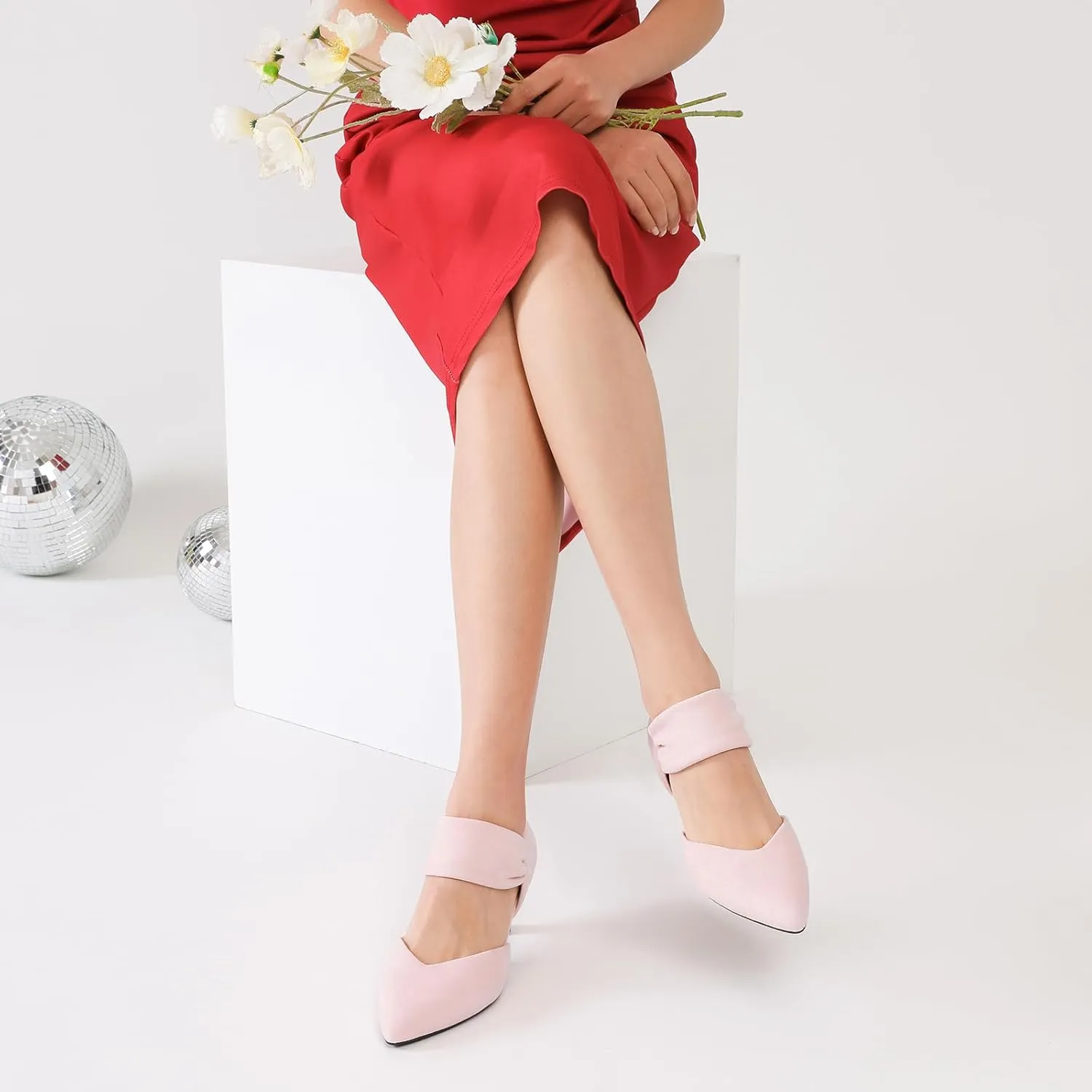 RIBONGZ Kitten Heels for Women Closed Toe Comfortable Low Heels Pointed Toe Sexy Slip on Pumps Bridal Party Dressy Shoes