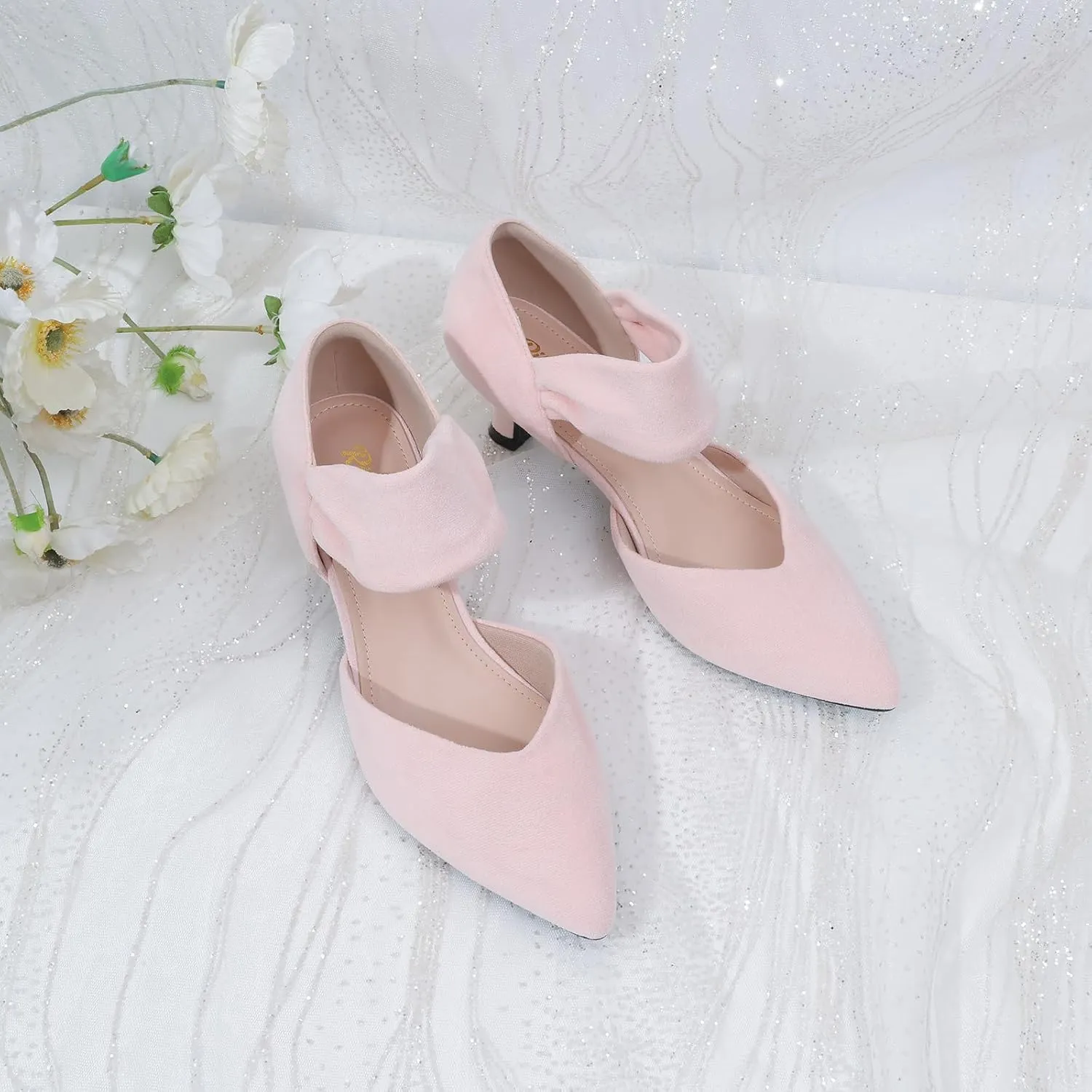 RIBONGZ Kitten Heels for Women Closed Toe Comfortable Low Heels Pointed Toe Sexy Slip on Pumps Bridal Party Dressy Shoes