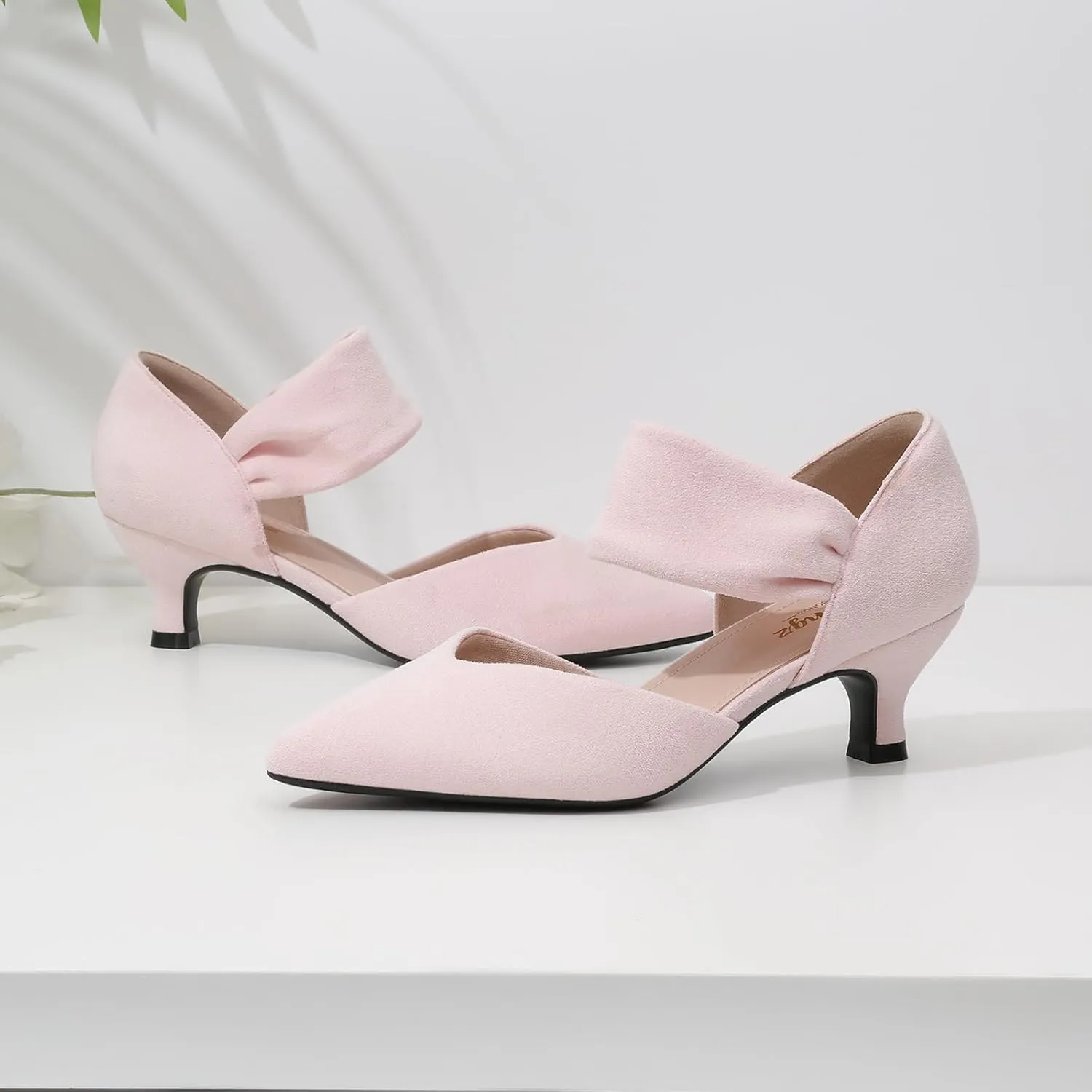 RIBONGZ Kitten Heels for Women Closed Toe Comfortable Low Heels Pointed Toe Sexy Slip on Pumps Bridal Party Dressy Shoes