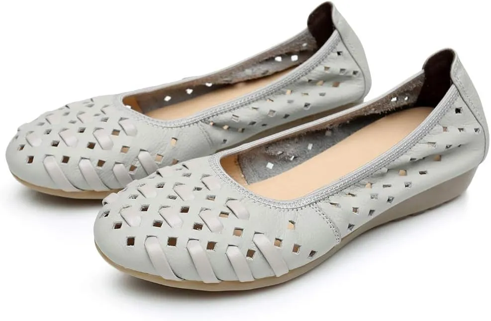 rismart Women's Hollow Comfort Slip On Leather Ballets Flats Shoes