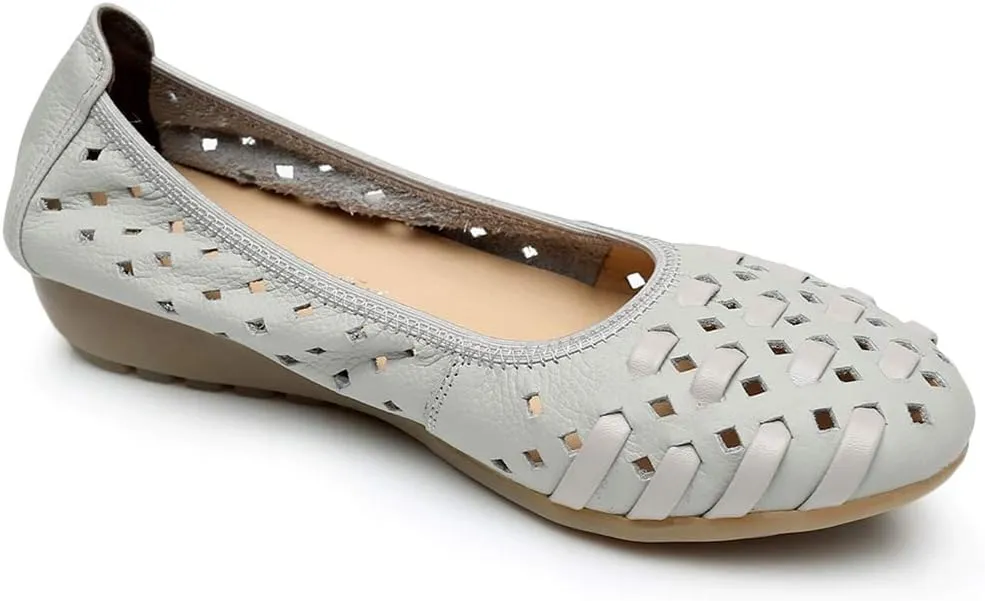 rismart Women's Hollow Comfort Slip On Leather Ballets Flats Shoes