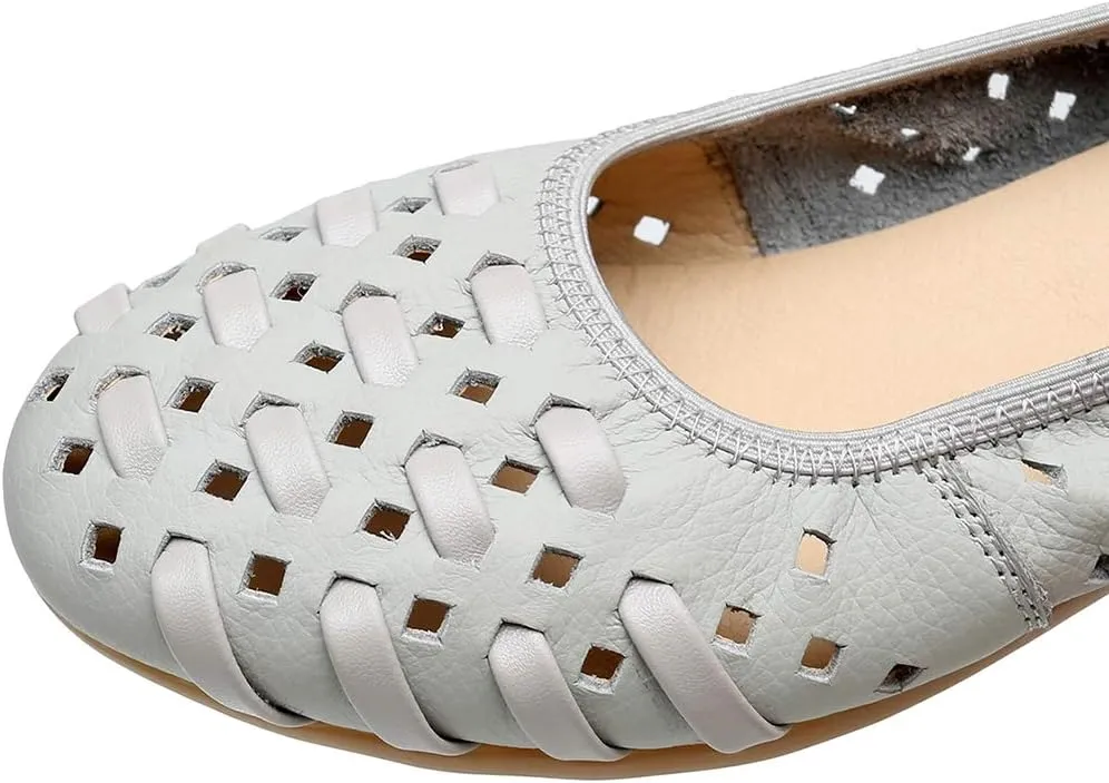 rismart Women's Hollow Comfort Slip On Leather Ballets Flats Shoes