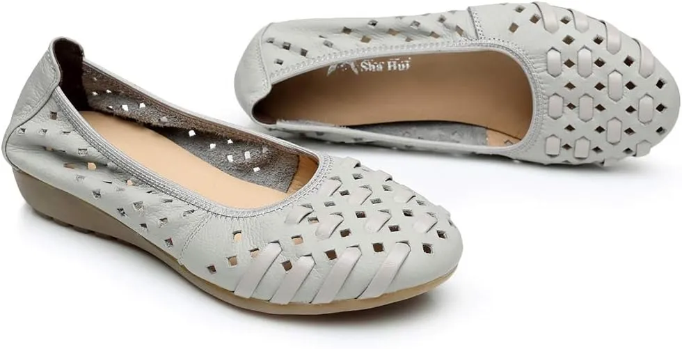 rismart Women's Hollow Comfort Slip On Leather Ballets Flats Shoes