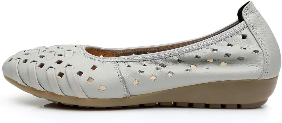 rismart Women's Hollow Comfort Slip On Leather Ballets Flats Shoes
