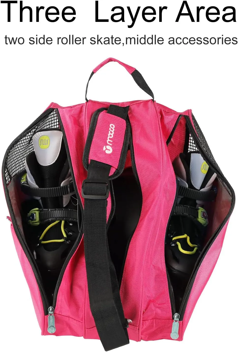 Roller Skate Bag, 3 Layer, Breathable Ice Skate Bag with Adjustable Shoulder Strap, Zipper Pocket