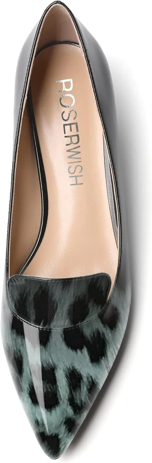 ROSERWISH Womens Office Slip On Pointed Toe Patent Casual Work Kitten Low Heel Pumps Dress Shoes 1.5 Inch