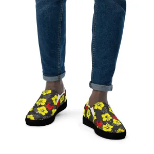 Royal yellow Hibiscus with Red Dhari on Men’s slip-on canvas shoes