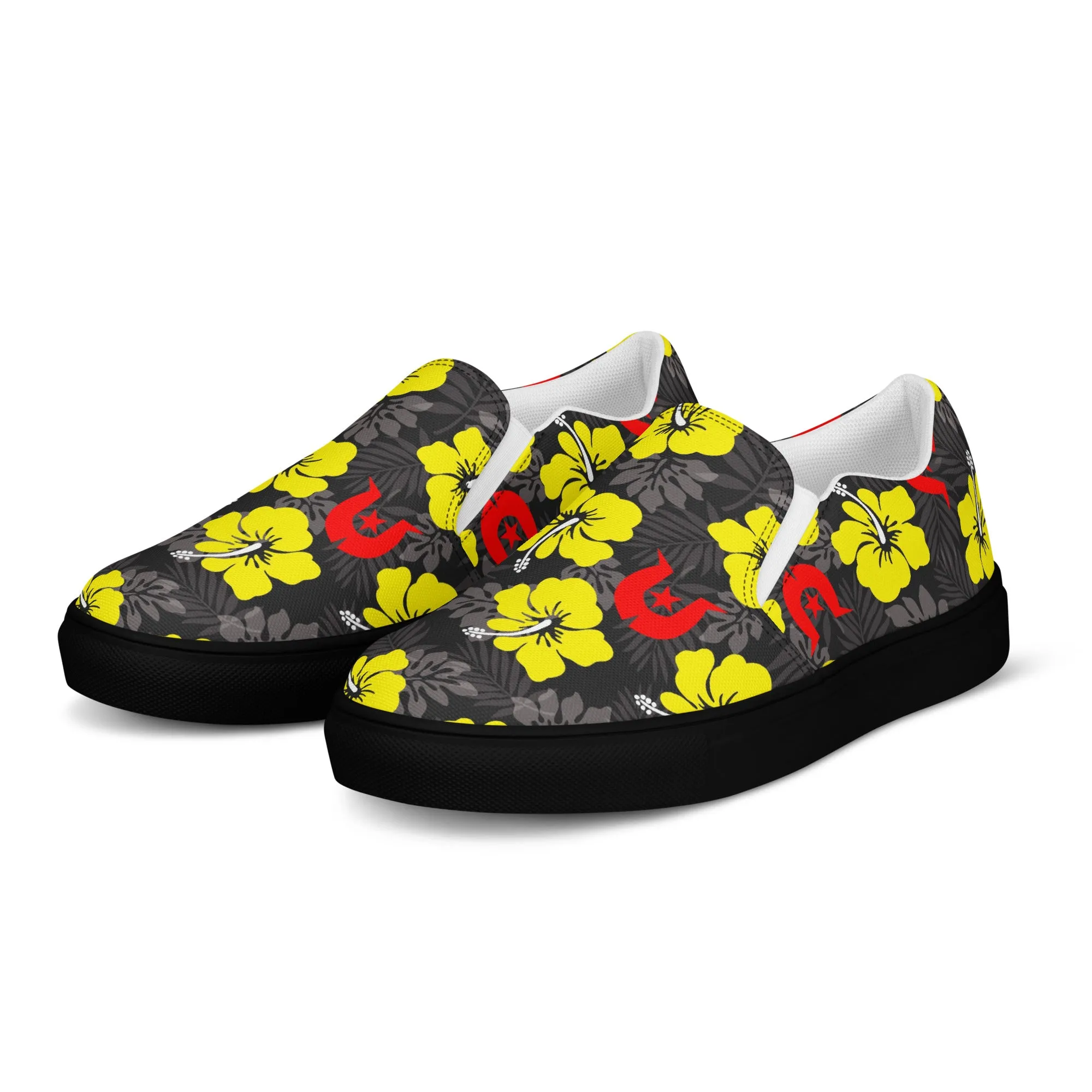 Royal yellow Hibiscus with Red Dhari on Men’s slip-on canvas shoes