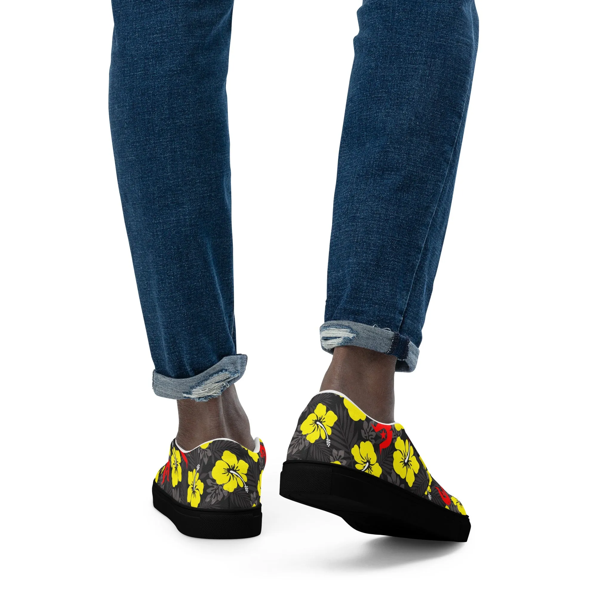 Royal yellow Hibiscus with Red Dhari on Men’s slip-on canvas shoes