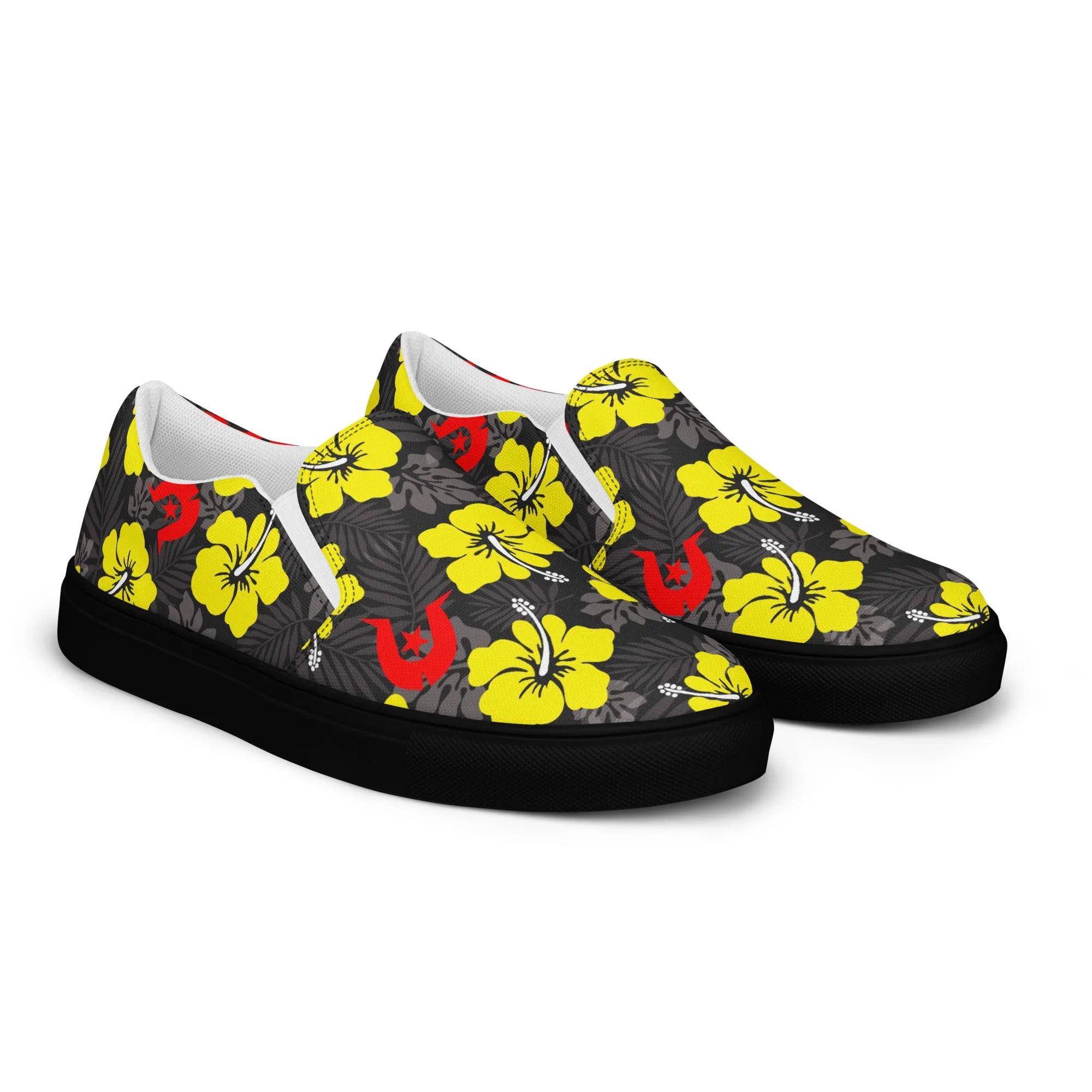 Royal yellow Hibiscus with Red Dhari on Men’s slip-on canvas shoes