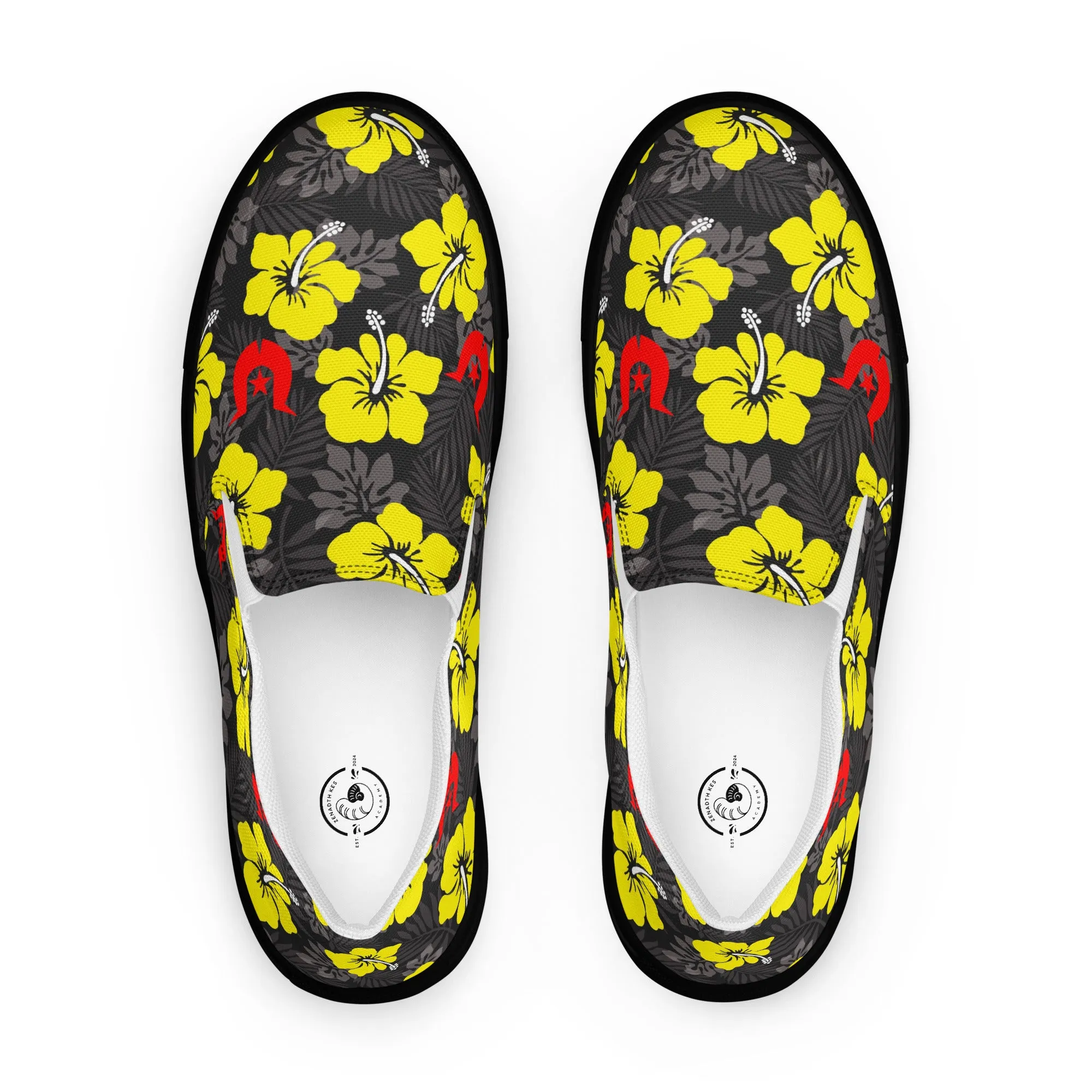 Royal yellow Hibiscus with Red Dhari on Men’s slip-on canvas shoes