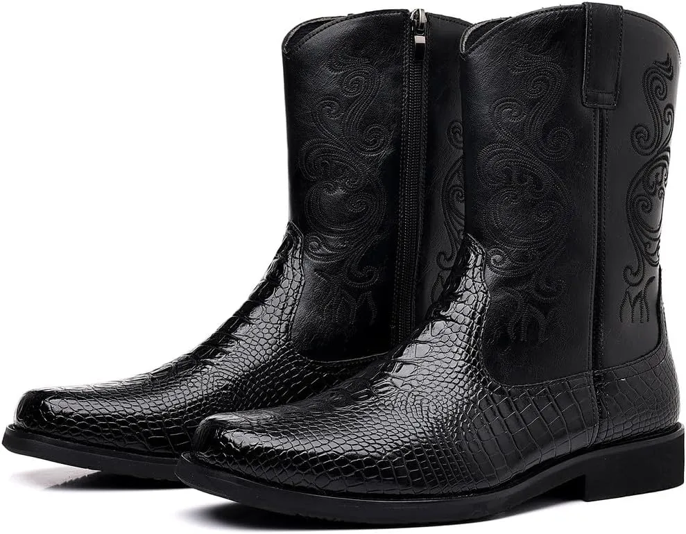 Santimon Men's Crocodile Western Cowboy Boots, Side Zipper, Mid Calf Wide Square Toe Boots