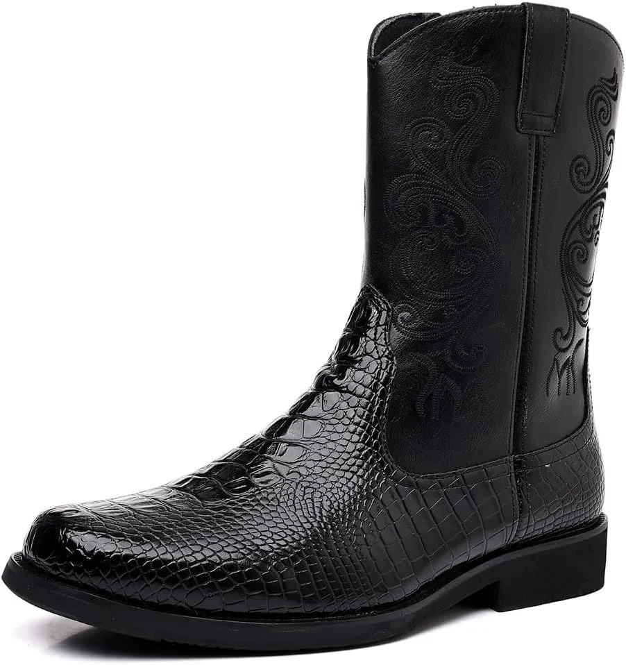 Santimon Men's Crocodile Western Cowboy Boots, Side Zipper, Mid Calf Wide Square Toe Boots