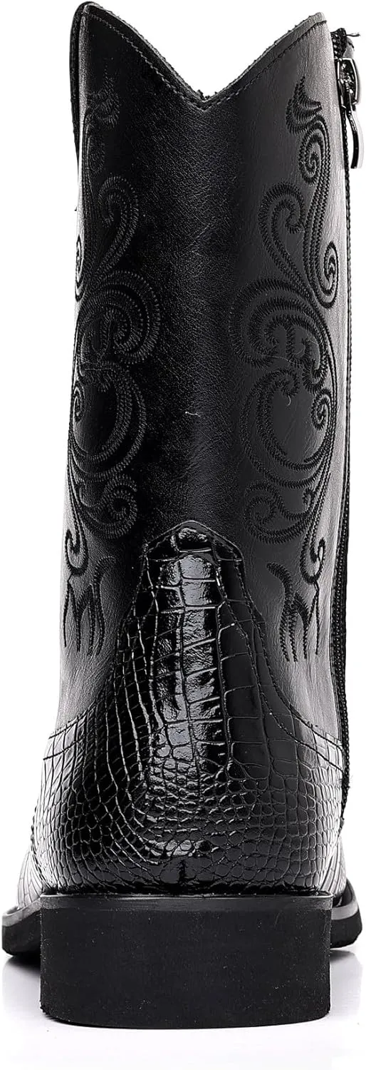 Santimon Men's Crocodile Western Cowboy Boots, Side Zipper, Mid Calf Wide Square Toe Boots