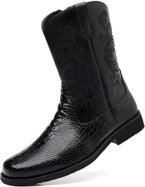 Santimon Men's Crocodile Western Cowboy Boots, Side Zipper, Mid Calf Wide Square Toe Boots