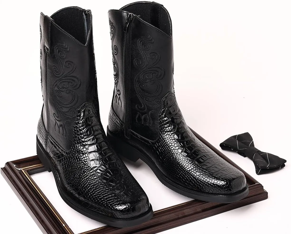Santimon Men's Crocodile Western Cowboy Boots, Side Zipper, Mid Calf Wide Square Toe Boots