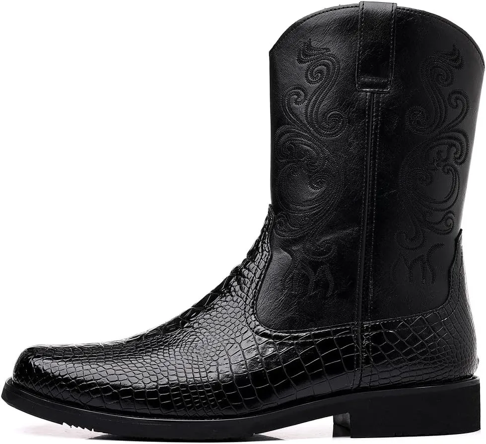 Santimon Men's Crocodile Western Cowboy Boots, Side Zipper, Mid Calf Wide Square Toe Boots