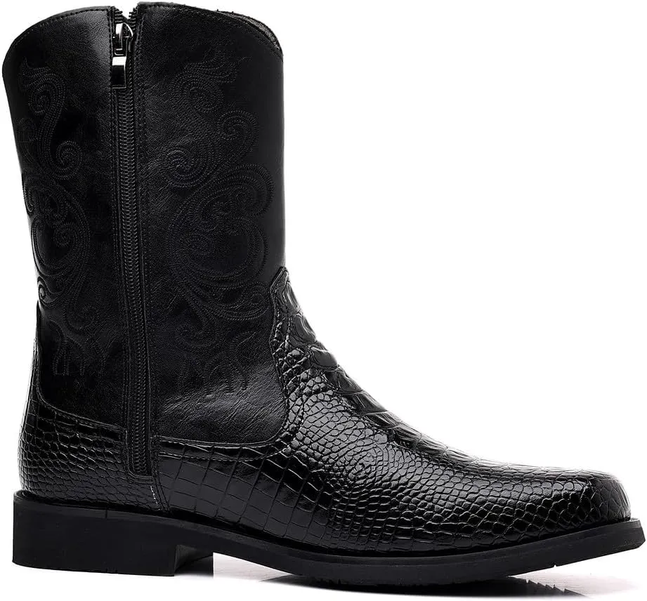 Santimon Men's Crocodile Western Cowboy Boots, Side Zipper, Mid Calf Wide Square Toe Boots