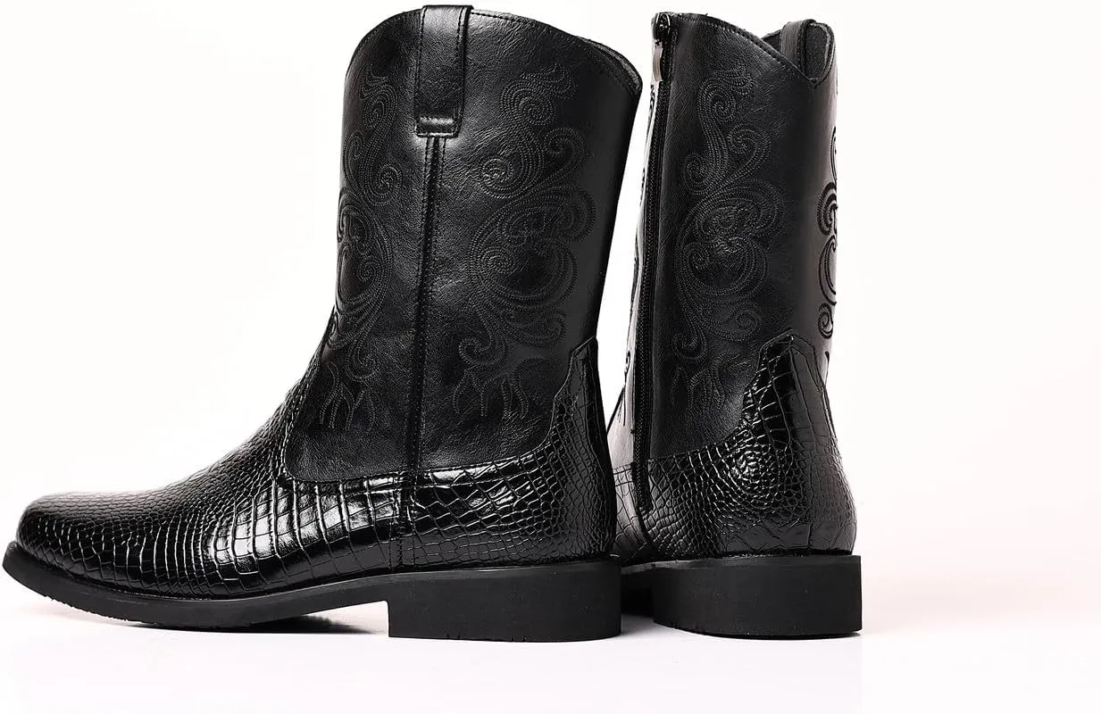 Santimon Men's Crocodile Western Cowboy Boots, Side Zipper, Mid Calf Wide Square Toe Boots