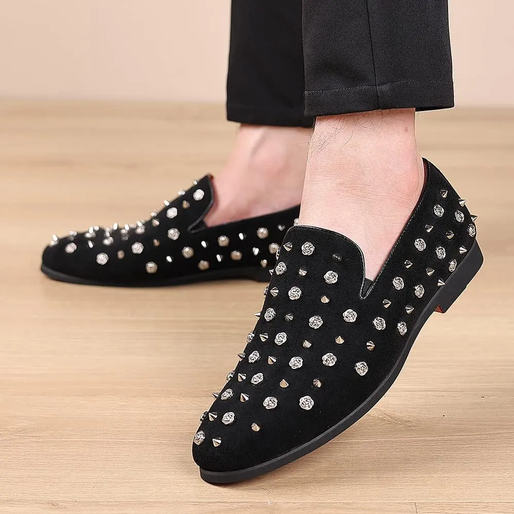 Santimon Men's Gold Spikes Dress Loafers Rivet Suede Leather Floral Easy Slip-On Formal Casual Wedding Party Prom Dancing Flat Smoking Shoes