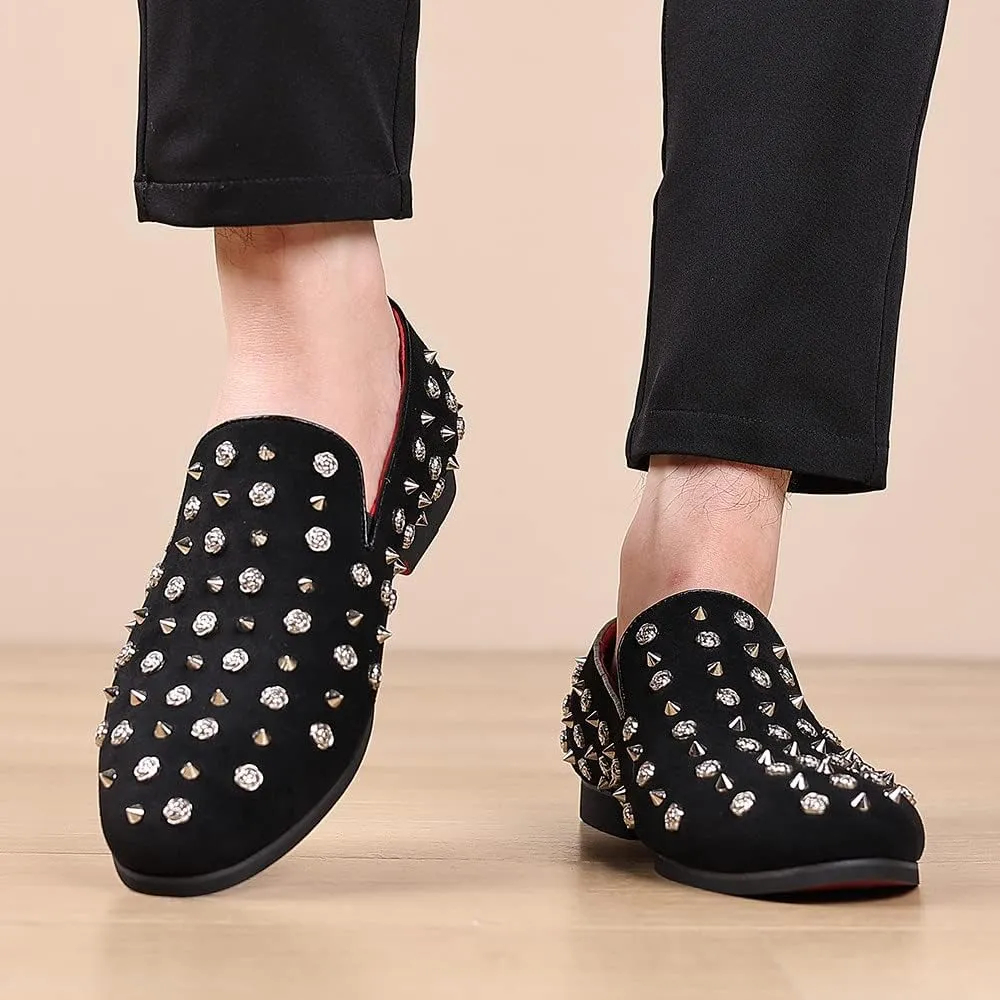 Santimon Men's Gold Spikes Dress Loafers Rivet Suede Leather Floral Easy Slip-On Formal Casual Wedding Party Prom Dancing Flat Smoking Shoes
