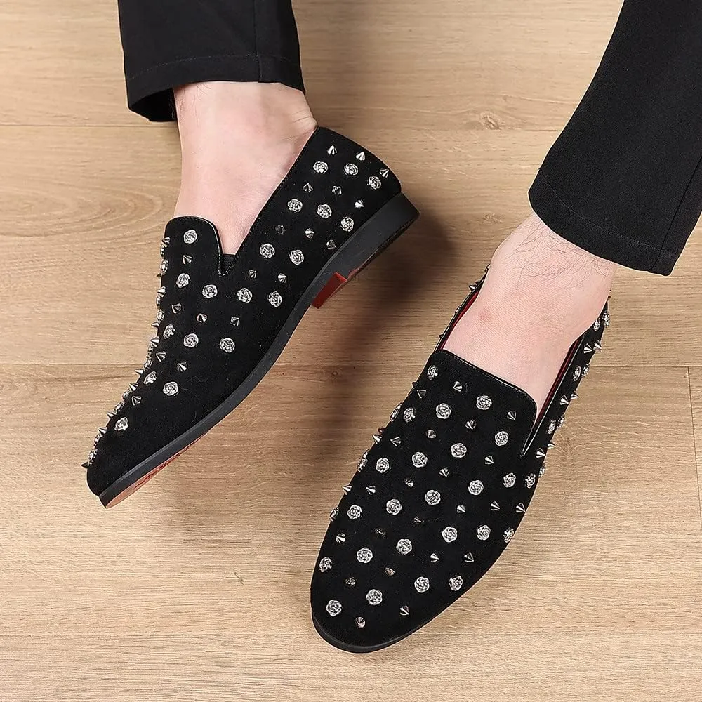 Santimon Men's Gold Spikes Dress Loafers Rivet Suede Leather Floral Easy Slip-On Formal Casual Wedding Party Prom Dancing Flat Smoking Shoes