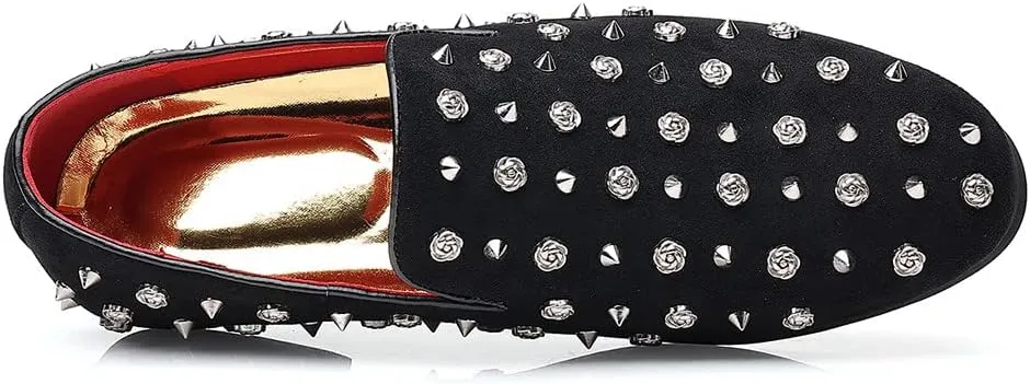 Santimon Men's Gold Spikes Dress Loafers Rivet Suede Leather Floral Easy Slip-On Formal Casual Wedding Party Prom Dancing Flat Smoking Shoes