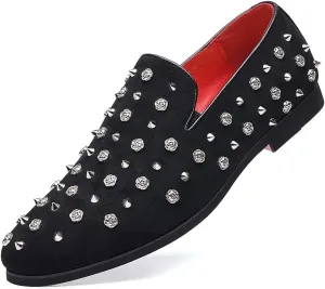 Santimon Men's Gold Spikes Dress Loafers Rivet Suede Leather Floral Easy Slip-On Formal Casual Wedding Party Prom Dancing Flat Smoking Shoes