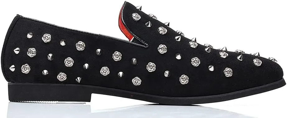 Santimon Men's Gold Spikes Dress Loafers Rivet Suede Leather Floral Easy Slip-On Formal Casual Wedding Party Prom Dancing Flat Smoking Shoes