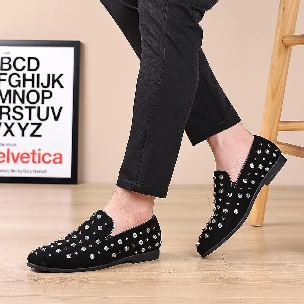 Santimon Men's Gold Spikes Dress Loafers Rivet Suede Leather Floral Easy Slip-On Formal Casual Wedding Party Prom Dancing Flat Smoking Shoes