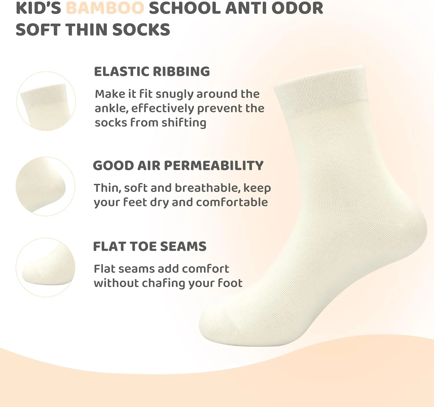 SERISIMPLE Kids Viscose Bamboo School Socks Soft flate Seam Color Anti Odor Thin Breathable Stretch Cuffs Girls Boy 5 Pairs