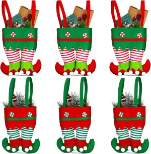 Shappy Christmas Candy Bags Bulk Gift BagsSanta Pants Elf Boots Treat Bags Handbags Stocking Lovely Xmas Goodies Bag for Boys Girls Christmas Party Favor Decorations(Elf Boot Style, 6 Pieces)
