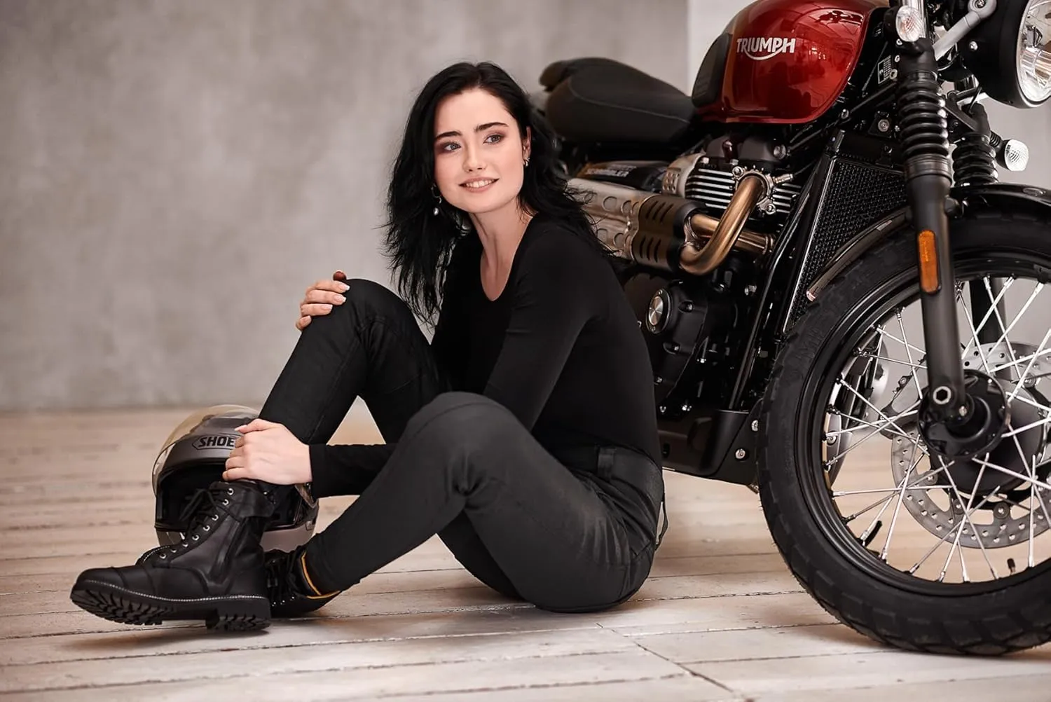 SHIMA THOMSON Lady, Motorcycle Boots for Woman - Reinforced Leather Womens Biker Boots with Side Zipper, Ankle Support, Anti-Slip Sole, Gear Shift Handle (Black, 6)