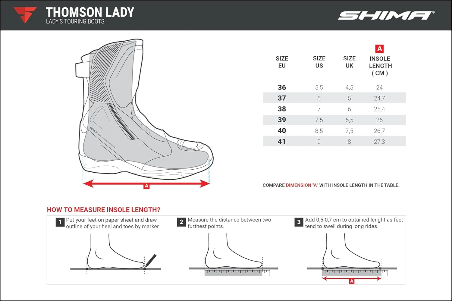 SHIMA THOMSON Lady, Motorcycle Boots for Woman - Reinforced Leather Womens Biker Boots with Side Zipper, Ankle Support, Anti-Slip Sole, Gear Shift Handle (Black, 6)