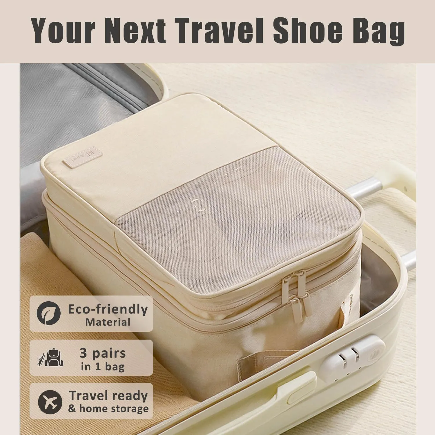 Shoe Bags for Travel, Holds 3 Pairs Shoes Storage Organizer Large Portable Pouch Made with Eco Friendly RPET Waterproof Durable Fiber (Beige)